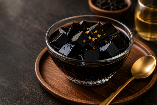 Traditional Guilinggao (Gui Ling Gao) Chinese herbal jelly served with honey