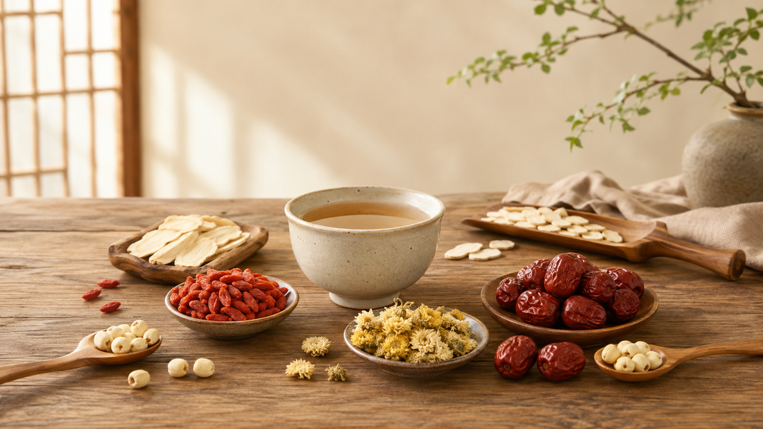 Traditional Chinese herbs including goji berries, red dates and chrysanthemum flowers