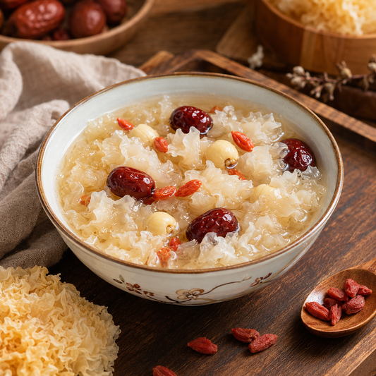 Snow fungus soup with red dates, goji berries, and lotus seeds