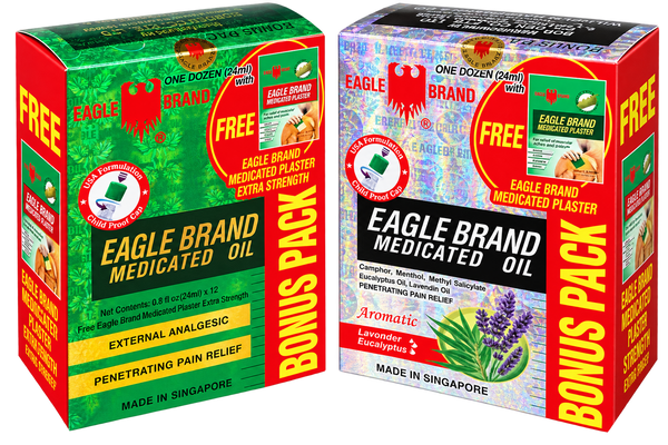 Eagle Brand Medicated Oil Green & Silver Bundle – 1 Dozen Each (24 Bottles Total, 24ml Each) + FREE Extra Strength Medicated Plasters