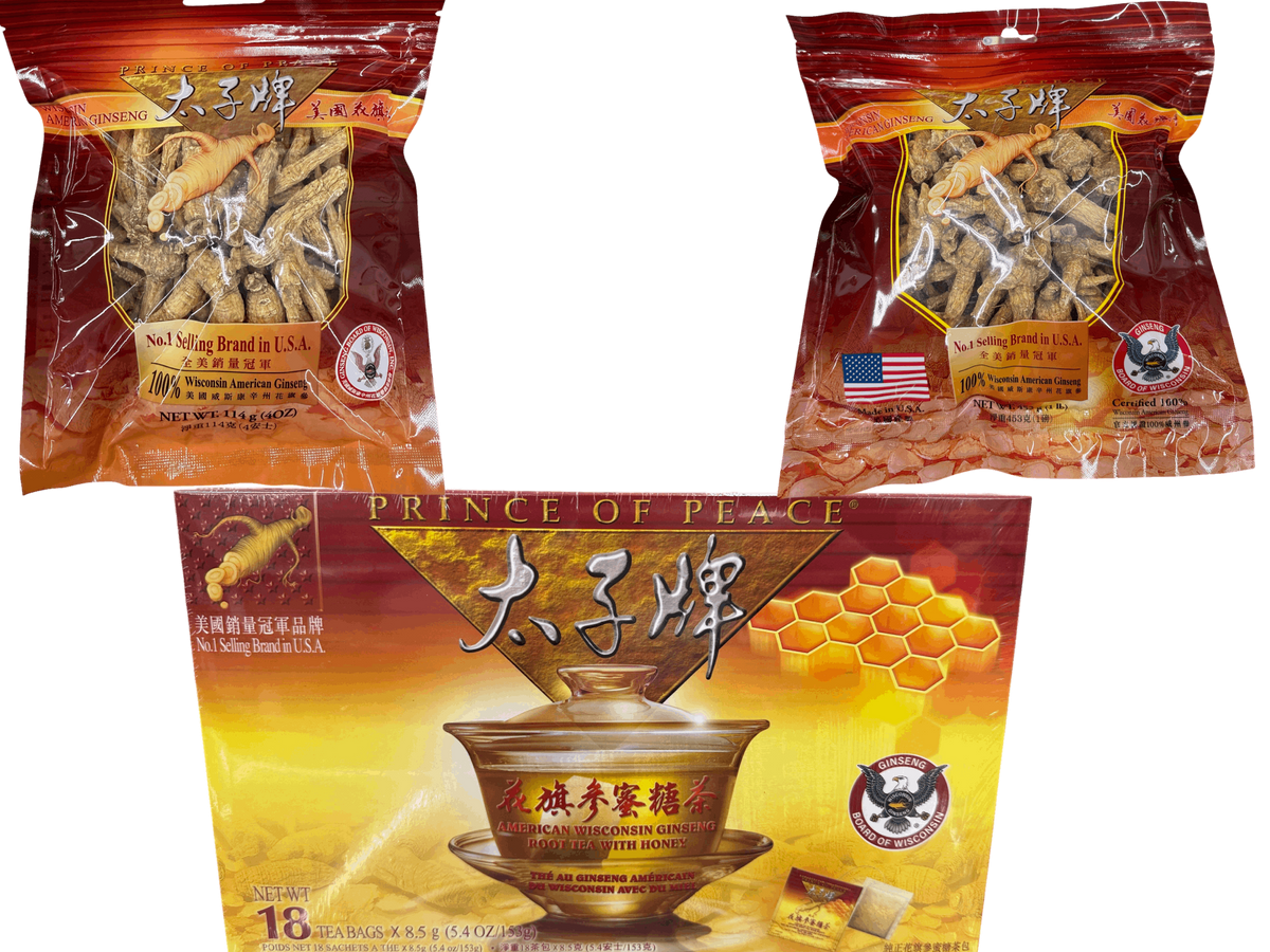 Prince of Peace Combo American Ginseng Root Tea with Honey & 1lb American Ginseng  & 4oz American Ginseng