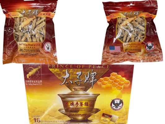 Prince of Peace Combo American Ginseng Root Tea with Honey & 1lb American Ginseng  & 4oz American Ginseng